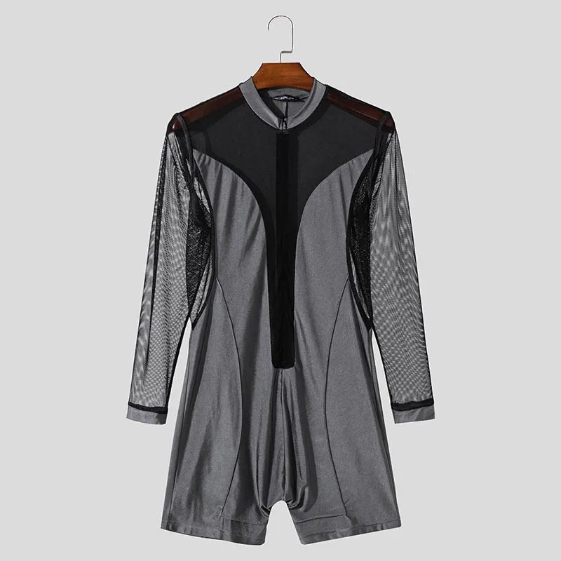 Men Causal Long Sleeved Bodysuits Well Fitting Mesh Splicing O-Neck Zipper Onesizes