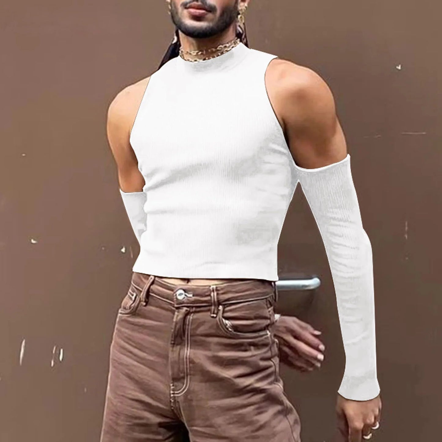 2023 Men Hollow Out Long Sleeve T Shirt Casual Turtleneck Sweatshirt Streetwear Sexy Crop Off Shoulder Tops Summer