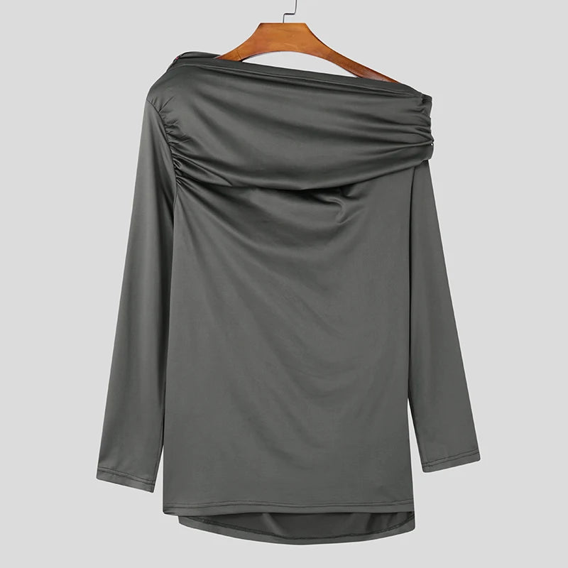 Sloping Shoulder Collar T-shirts Male Solid Color Long Sleeved