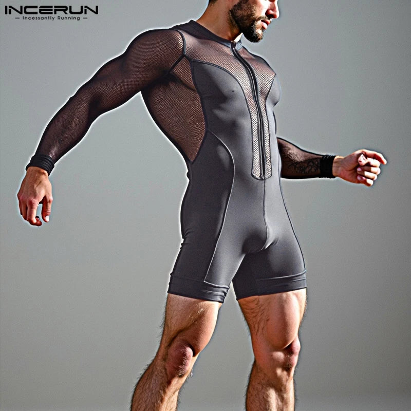 Men Causal Long Sleeved Bodysuits Well Fitting Mesh Splicing O-Neck Zipper Onesizes