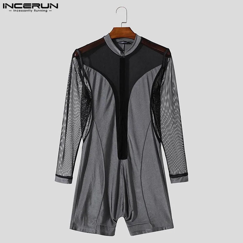 Men Causal Long Sleeved Bodysuits Well Fitting Mesh Splicing O-Neck Zipper Onesizes