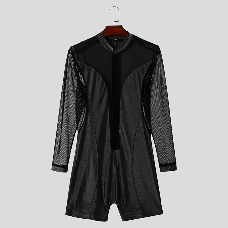 Men Causal Long Sleeved Bodysuits Well Fitting Mesh Splicing O-Neck Zipper Onesizes