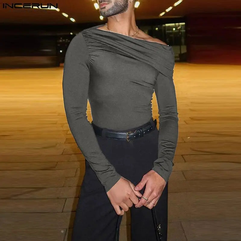 Sloping Shoulder Collar T-shirts Male Solid Color Long Sleeved