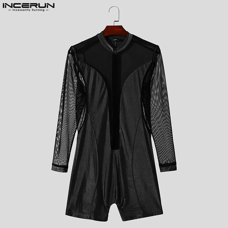 Men Causal Long Sleeved Bodysuits Well Fitting Mesh Splicing O-Neck Zipper Onesizes