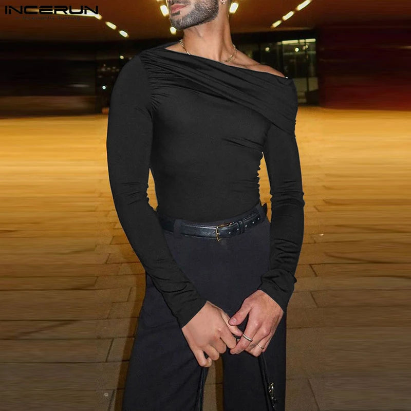 Sloping Shoulder Collar T-shirts Male Solid Color Long Sleeved