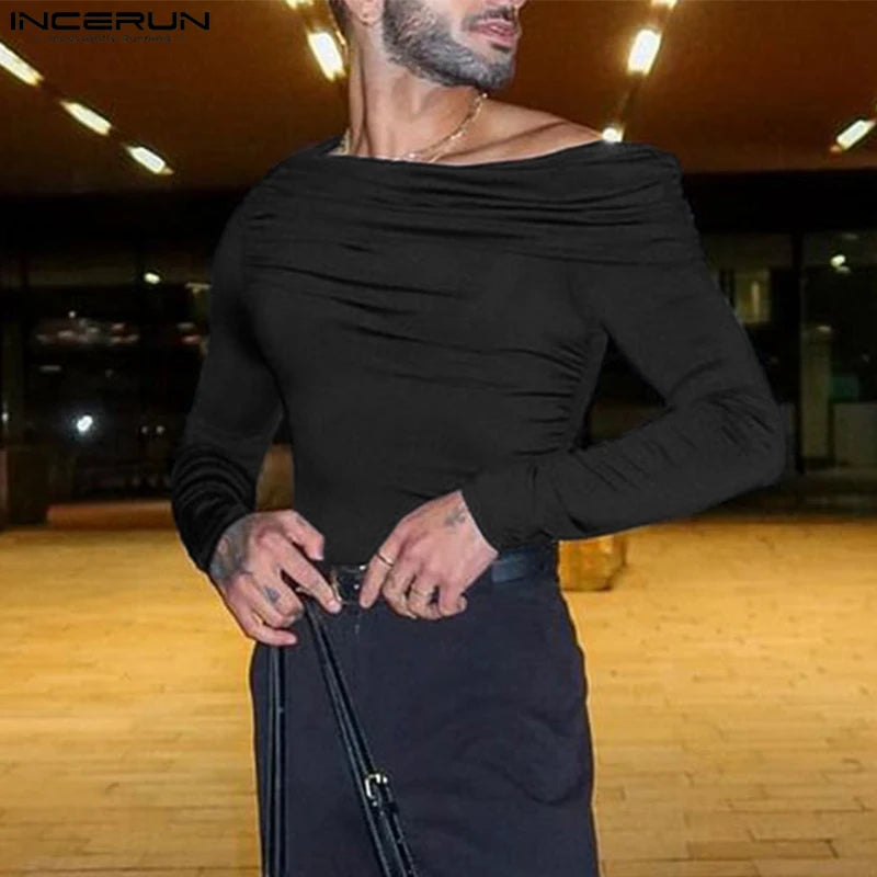 Sloping Shoulder Collar T-shirts Male Solid Color Long Sleeved