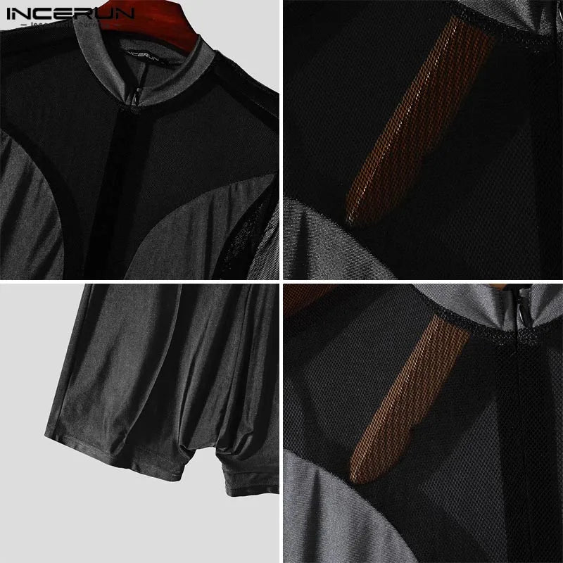 Men Causal Long Sleeved Bodysuits Well Fitting Mesh Splicing O-Neck Zipper Onesizes