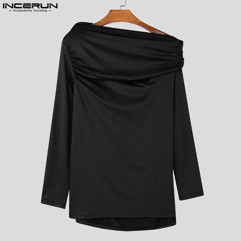 Sloping Shoulder Collar T-shirts Male Solid Color Long Sleeved