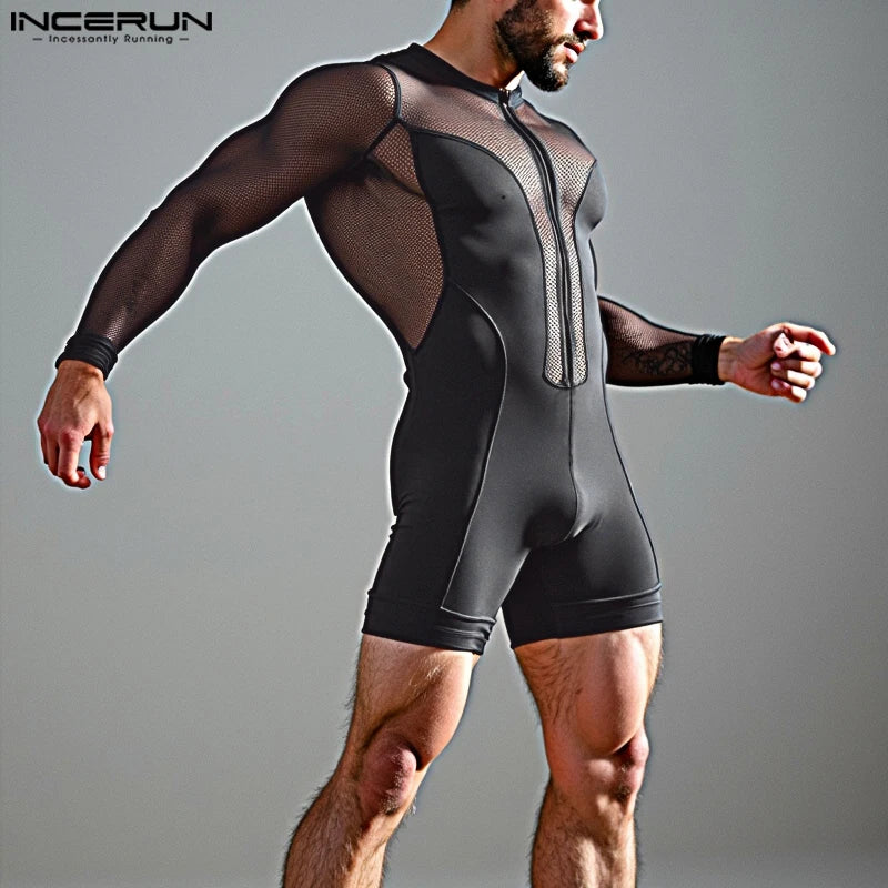 Men Causal Long Sleeved Bodysuits Well Fitting Mesh Splicing O-Neck Zipper Onesizes