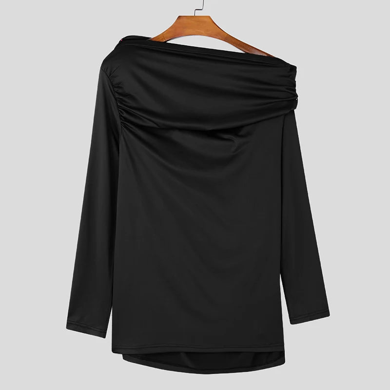 Sloping Shoulder Collar T-shirts Male Solid Color Long Sleeved