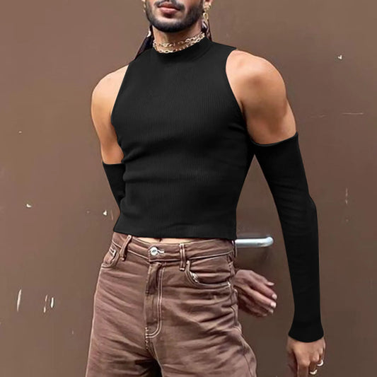 2023 Men Hollow Out Long Sleeve T Shirt Casual Turtleneck Sweatshirt Streetwear Sexy Crop Off Shoulder Tops Summer