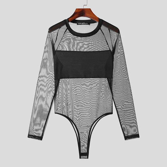 Men Bodysuits Mesh Patchwork O-neck Long Sleeve
